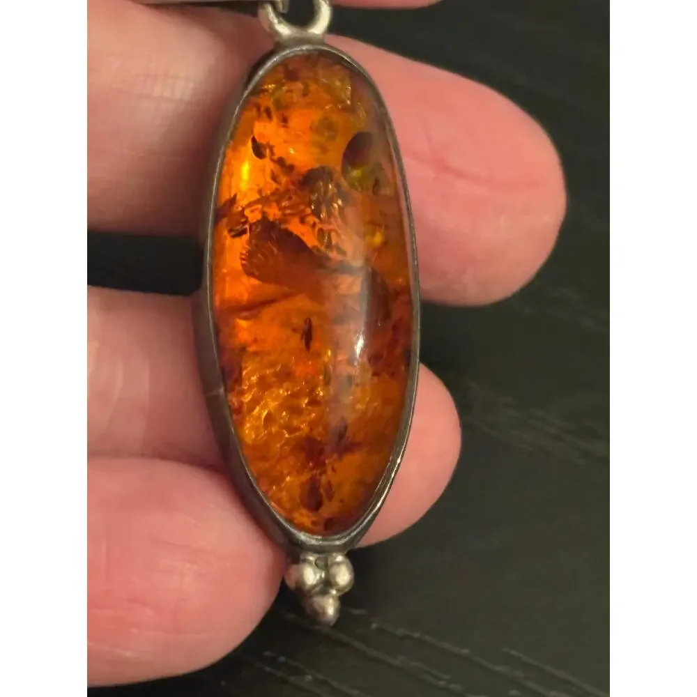Sterling Silver Genuine Amber Pendant Natural Inclusions